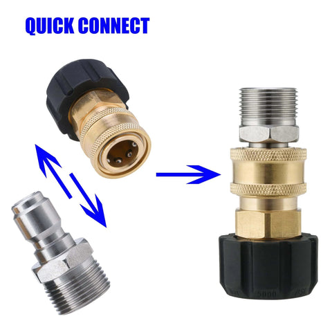 Pressure Washer Quick Connect Adapter Set M22 To Three Eighths Inch For Hose, brass and stainless steel connectors, focus on construction and design.