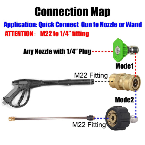 M MINGLE pressure washer adapter set with green quick-connect and brass M22 to 1/4-inch fitting, spray gun