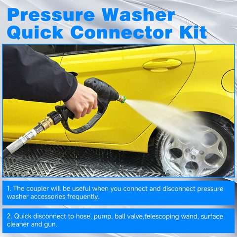 Pressure washer quick connector kit, 12 stainless steel fittings, 3/8 in NPT, in use on a yellow car