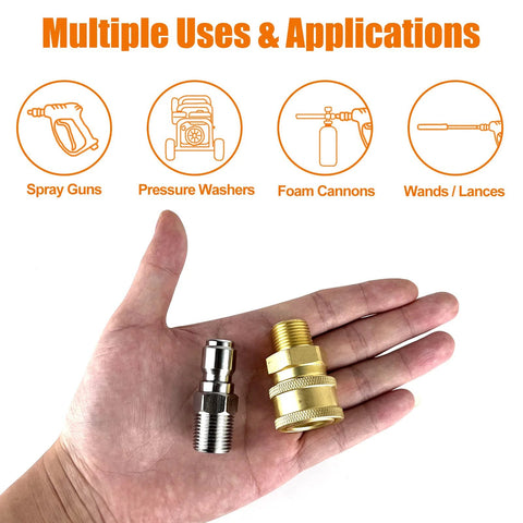 Two 1/4 inch NPT pressure washer quick-connect adapters in brass and chrome held in a hand