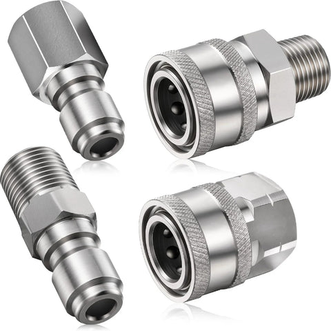 Hotop stainless steel pressure washer quick-connect adapters, NPT 3/8 in, 4 connectors (2 male, 2 female).
