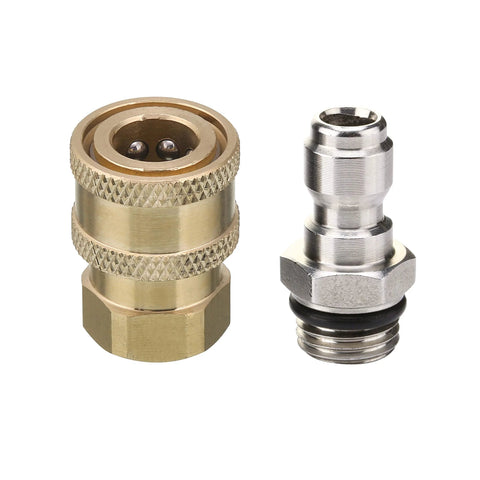 Two-piece pressure washer adapter set, 1/4 in quick-disconnect, brass female and chrome-plated steel male fittings