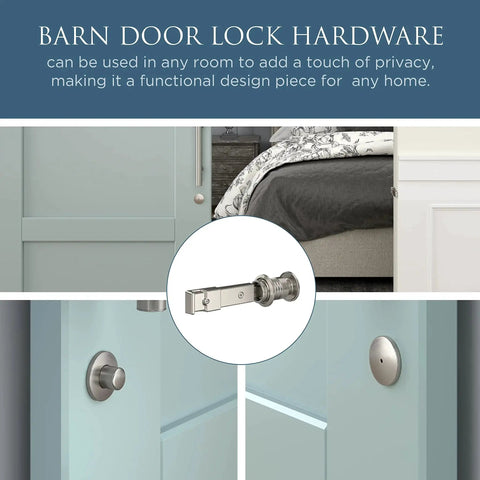 Privacy Barn Door Lock With Emergency Release Satin Nickel Sliding Latch for single or bi-parting doors, shown installed.