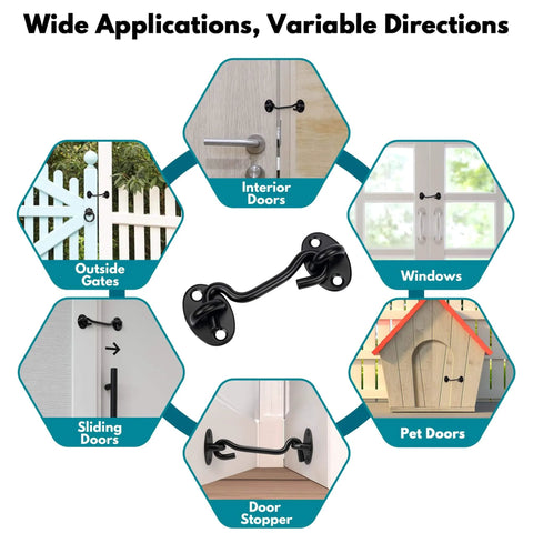 Diagram showing applications of (2 Pack) Privacy Hook and Eye Latch for Barn Door, Stainless Steel Gate Latch on various gates and doors.