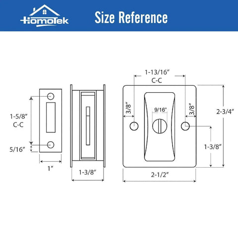 Diagram of Privacy Sliding Door Lock With Pull For Pocket Doors 1-3/8 Inch Thick, Black Reversible Left Or Right Handed dimensions.