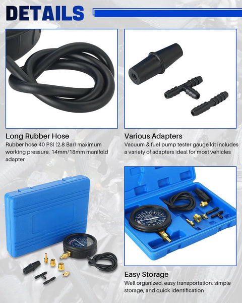 DASBET car vacuum and fuel pump tester gauge kit with long rubber hose, adapters, blue storage case and gauge set