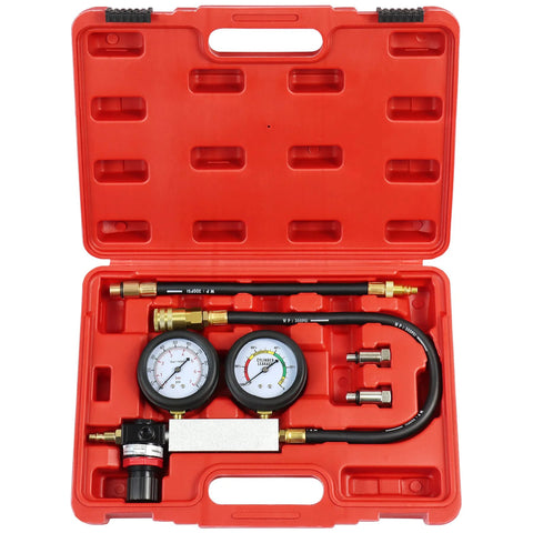 JoyFans cylinder leak-down tester kit with dual gauges, red case, hoses and 10/12/14mm spark plug adapters.