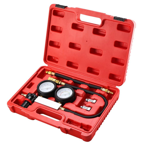 8MILELAKE cylinder leak-down tester kit in red case with dual gauges, hoses and brass fittings