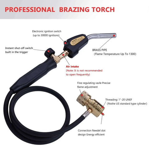 Pro Grade Propane Torch With 60 Inch Hand Hose For MAPP Gas And Welding Tasks, Lightweight Yet Rugged With Hook, labeled parts