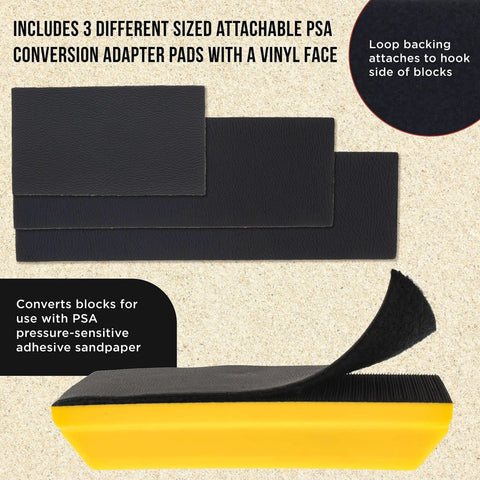 Pro Series Sanding Kit with 5 Inch 7 3 Quarter Inch 10 Inch Hook Loop Blocks showing PSA adapter pads and yellow sanding block