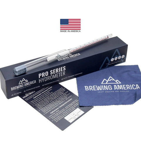 American Made Brewing Hydrometer Kit with NIST Traceable Triple Scale Specific Gravity ABV Tester and cloth, USA flag in view.