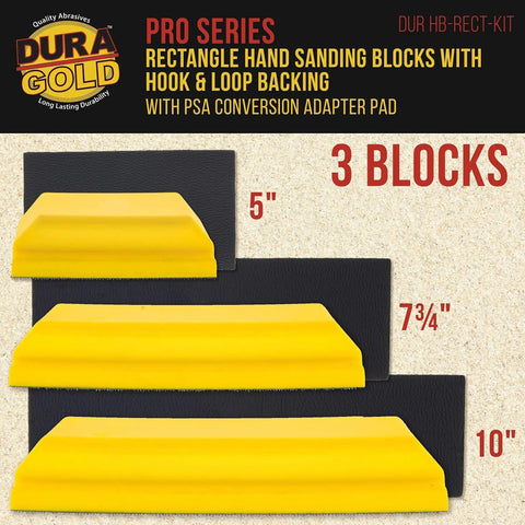 Pro Series Sanding Kit With 5 Inch 7 3 Quarter Inch 10 Inch Hook Loop Blocks featuring yellow rectangular blocks on black pads