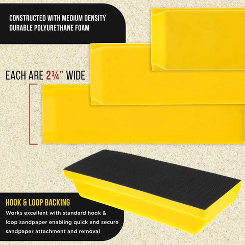 Pro Series Sanding Kit With 5 Inch 7 3 Quarter Inch 10 Inch Hook Loop Blocks in yellow foam with hook and loop backing