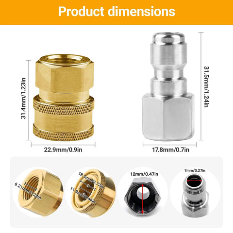 Pressure washer quick-connect fittings, 2-pack, 1/4 in NPT, brass and chrome with internal threads.