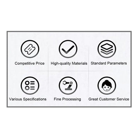 Diagram showing six icons with labels: Competitive Price, High-quality Materials, Standard Parameters, Various Specifications, Fine Processing, Great Customer Service.
