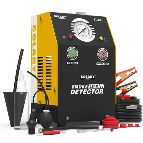Solary automotive smoke leak detector with gauge, yellow and black housing, hoses and assorted accessories