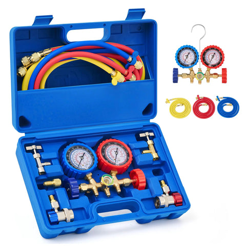 Orion Motor Tech AC manifold gauge set in blue case with two gauges and 5ft colored hoses plus brass adapters.