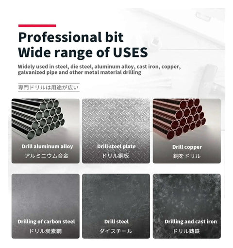 Image showing professional drill bits for versatile use on aluminum, steel, copper, carbon steel, die steel, and cast iron.
