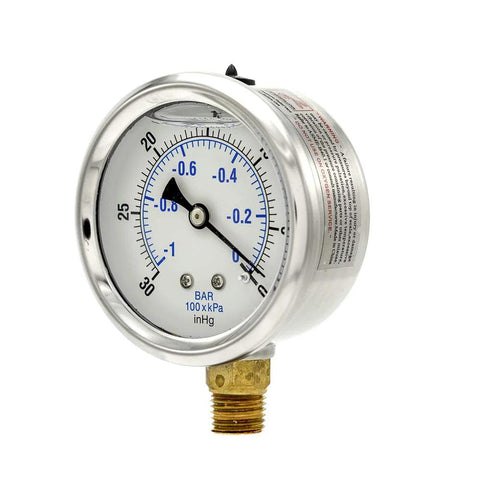 PIC Gauges PRO-201L-254A vacuum gauge, 2.5 in dial, 1/4 in NPT bottom mount, glycerin-filled, stainless steel case