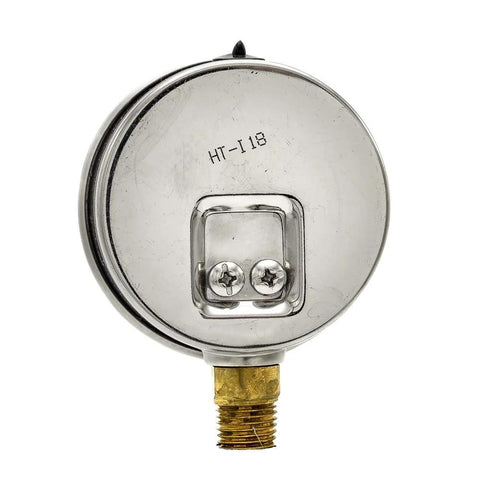 Back view of PIC Gauges PRO-201L-254A pressure gauge with brass 1/4 in NPT bottom mount, stainless steel case