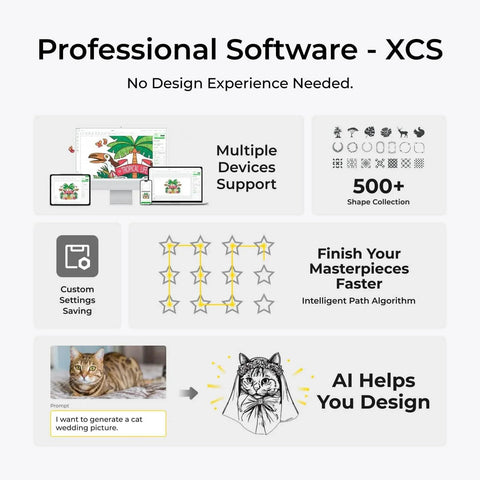 Professional Software XCS interface with AI design assistance and multi-device support.
