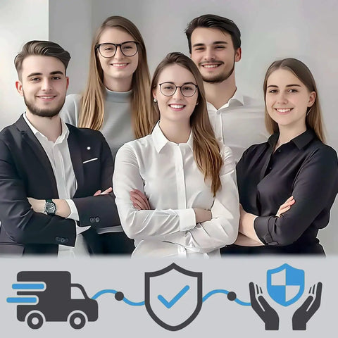 Group of five professionals smiling, wearing business attire, with delivery and protection icons below.