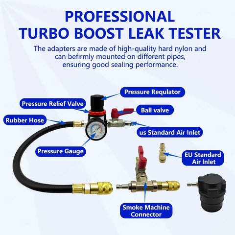ZKTOOL turbo boost leak tester kit with pressure gauge, regulator, relief and ball valves, rubber hose, eight adapters.