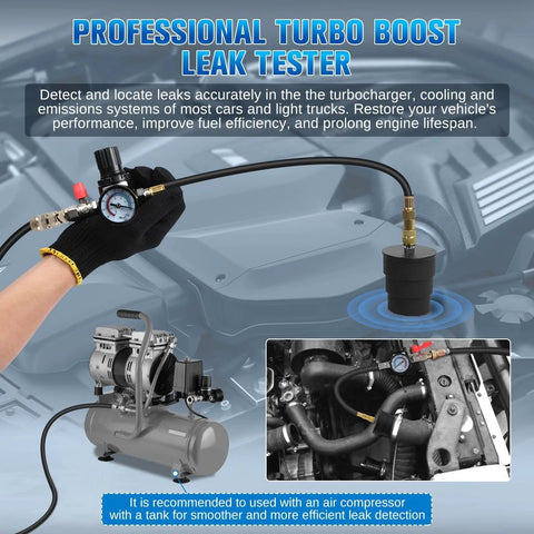 Turbo boost leak tester kit with gauge and hose, includes 4 pairs of stepped adapters 1-3/8 in to 3-1/2 in, US/EU fittings