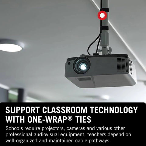 Ceiling-mounted projector secured with One Wrap Tape For Cable Management Double Sided Reusable Cable Organizer For Installers