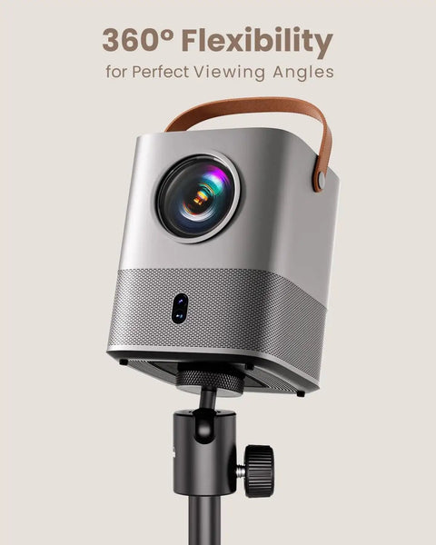 Silver projector on adjustable stand with 360-degree rotation ball head, highlighting portable projector stand for outdoor and home theater use.