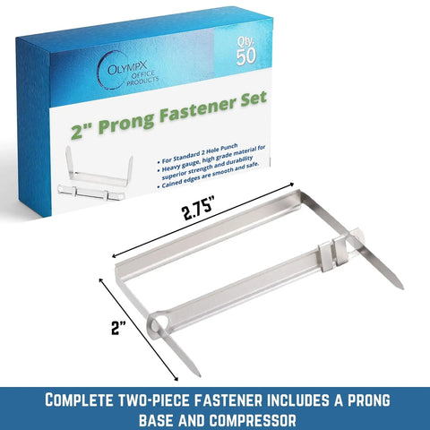 Premium Prong Paper Fasteners With 2 Inch Capacity And 50 Complete Sets, Heavy Duty Metal Construction, Front View