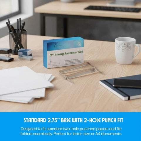Premium Prong Paper Fasteners With 2 Inch Capacity And 50 Complete Sets on a desk, heavy duty metal, for file folders and presentations