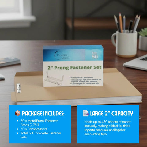 Premium Prong Paper Fasteners With 2 Inch Capacity And 50 Complete Sets displayed on a desk with file folders and office supplies.