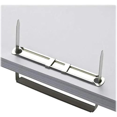 Prong Paper Fasteners For Easy File Modifications With Two Inch Capacity And Two And Three Quarters Inch Base Bright Silver Finish Includes Complete Two Piece Base And Compressor Box Of Fifty Complete Sets Officemate installed in folder