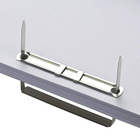 Prong Paper Fasteners For Easy File Modifications With Two Inch Capacity And Two And Three Quarters Inch Base Bright Silver Finish Includes Complete Two Piece Base And Compressor Box Of Fifty Complete Sets Officemate shown on stacked paper