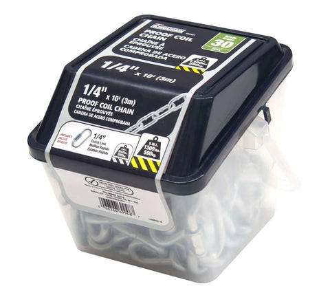 Packaging of ✝️ 699481 1/4" x 10' Zinc Plated Grade 30 Proof Coil Chain, Silver for smooth motion and stable alignment.