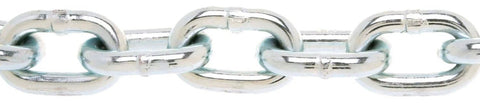 Close-up of 0143426 System 3 Grade 30 Low Carbon Steel Proof Coil Chain, Zinc Plated, 1/4" Trade, smooth links for automation systems.