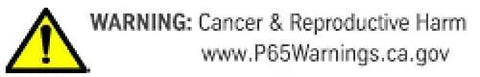 California Proposition 65 warning label, cautioning about cancer and reproductive harm, with website link for more information.