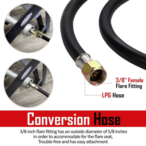 Close-up of propane regulator with 3/8" female flare fitting and LPG hose, labeled conversion hose for gas appliances.