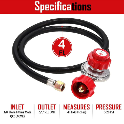 Propane Regulator With Four Foot High Pressure Hose Brass Orifice Three Eighths Flare And One Eighth MNPT Adjustable Zero To Twenty Psi QCC One Type.