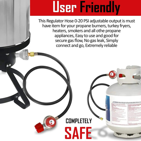Propane Regulator With Four Foot High Pressure Hose Brass Orifice Three Eighths Flare And One Eighth MNPT Adjustable Zero To Twenty Psi QCC One Type For Outdoor Grills Heaters Burners And Fire Pits Works With Any US Tanks Red connected to propane tank