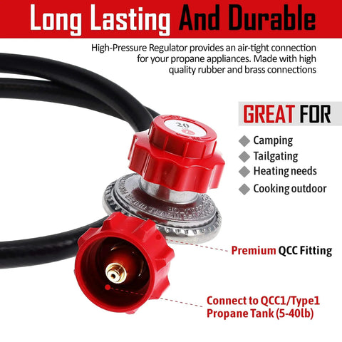 Propane Regulator With Four Foot High Pressure Hose Brass Orifice Three Eighths Flare And One Eighth MNPT Adjustable Zero To Twenty Psi QCC One Type For Outdoor Grills Heaters Burners And Fire Pits Works With Any US Tanks Red, showing red knobs and connection details.