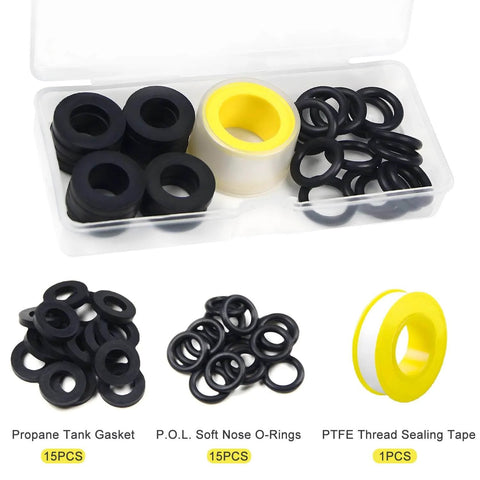 Propane Tank Gasket And O Ring Seal Kit With 15 O Rings And 15 Gaskets Plus PTFE Thread Sealing Tape for gas leakage proof sealing.