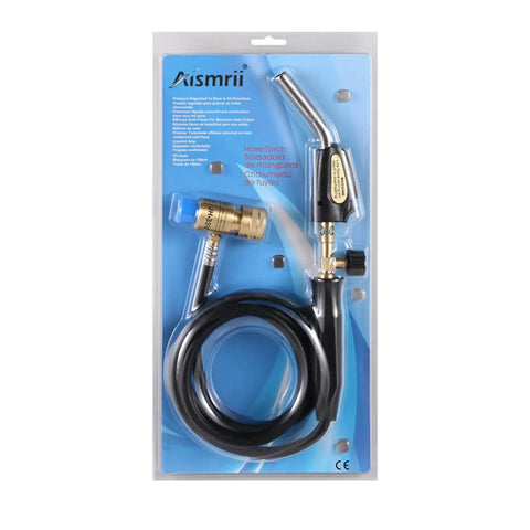 Image of Pro Grade Propane Torch With 60 Inch Hand Hose For MAPP Gas And Welding Tasks in packaging with long hose and nozzle.