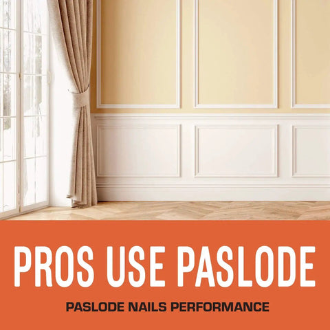 Interior room with installed crown molding and baseboards, emphasizing Paslode cordless 16 gauge angled finish nailer use.