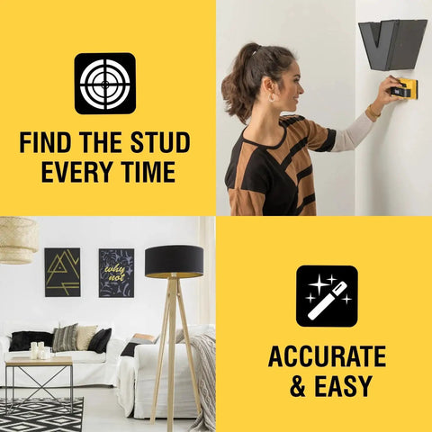 Woman using nine-sensor stud finder and wall scanner with live wire detection for precise locating of wood and metal studs behind walls.