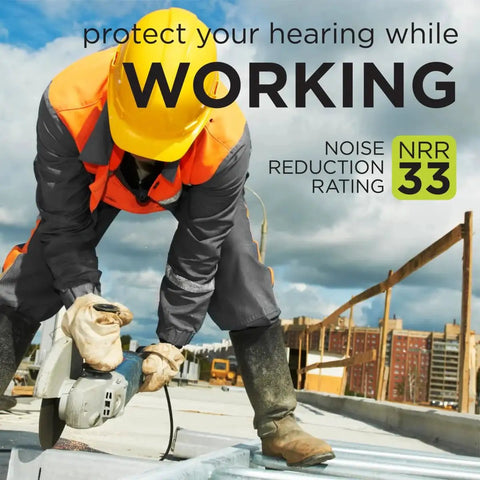 Construction worker using a power saw wearing hearing protection, promoting soft foam noise canceling earplugs for concerts and sleep, 33 dB hearing protection.