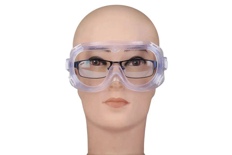 Front view of Protective Safety Goggles Anti Splash Wide Vision Fits Over Prescription Glasses on mannequin's face