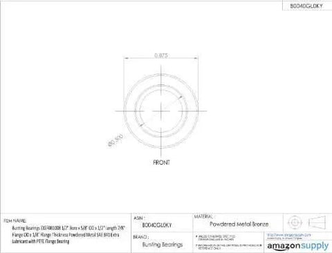 Technical diagram of Flange Bearing With Extra PTFE Lubricant, Powdered Metal, SAE 841, One Half Inch Bore, details on measurements