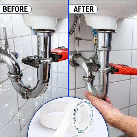 High Density PTFE Plumbers Tape Pro Grade Thread Sealant For Leak Proof Pipe Connections Half Inch By Five Hundred Twenty Inches Pack Of Two Durable Teflon Tape Built To Last With Superior Seal And Low Stretch Resistance shown in use on plumbing pipes labelled before and after.